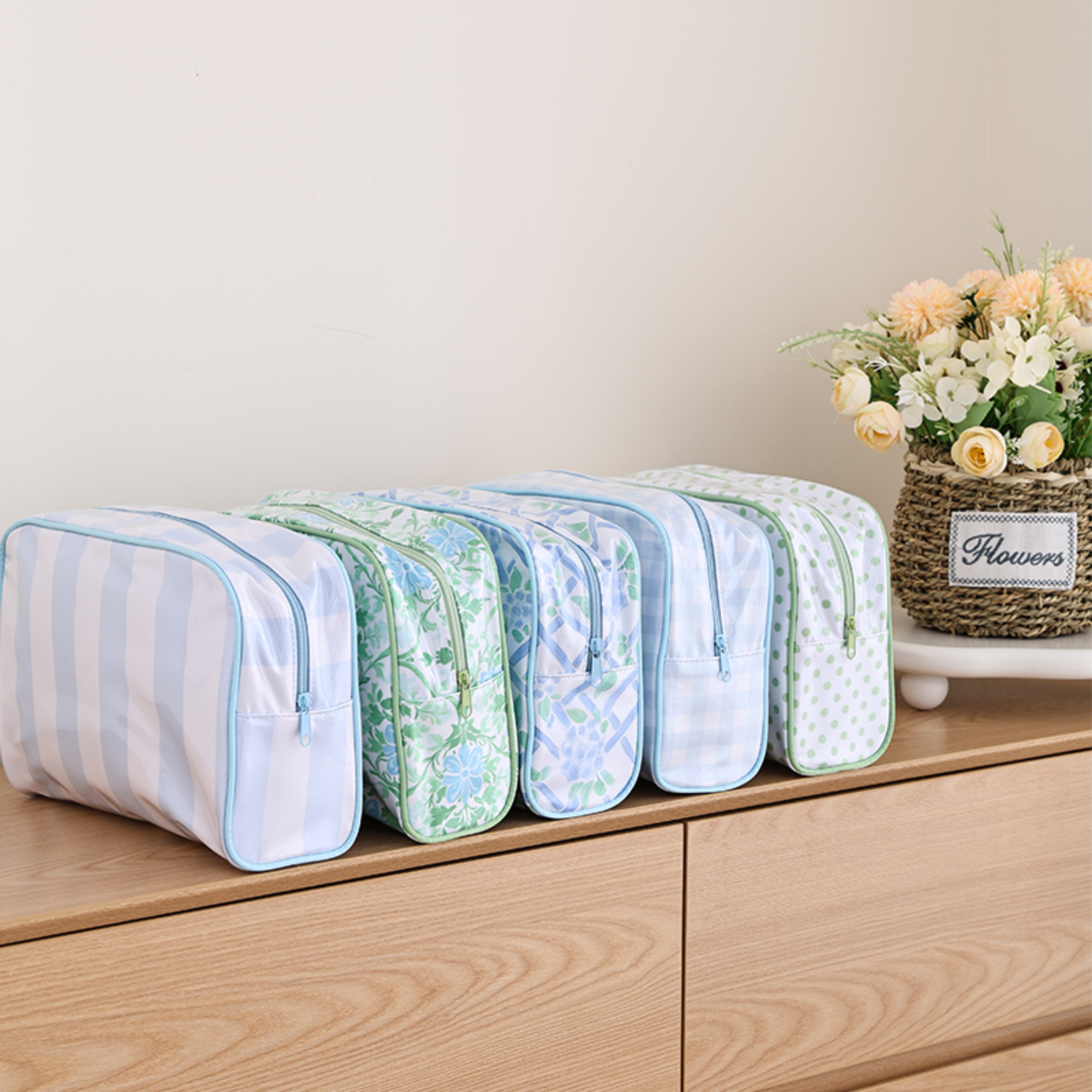 PVC Clear Coat Cosmetic Bag Make up Case Embroidery Blank: White Pink & Green Floral