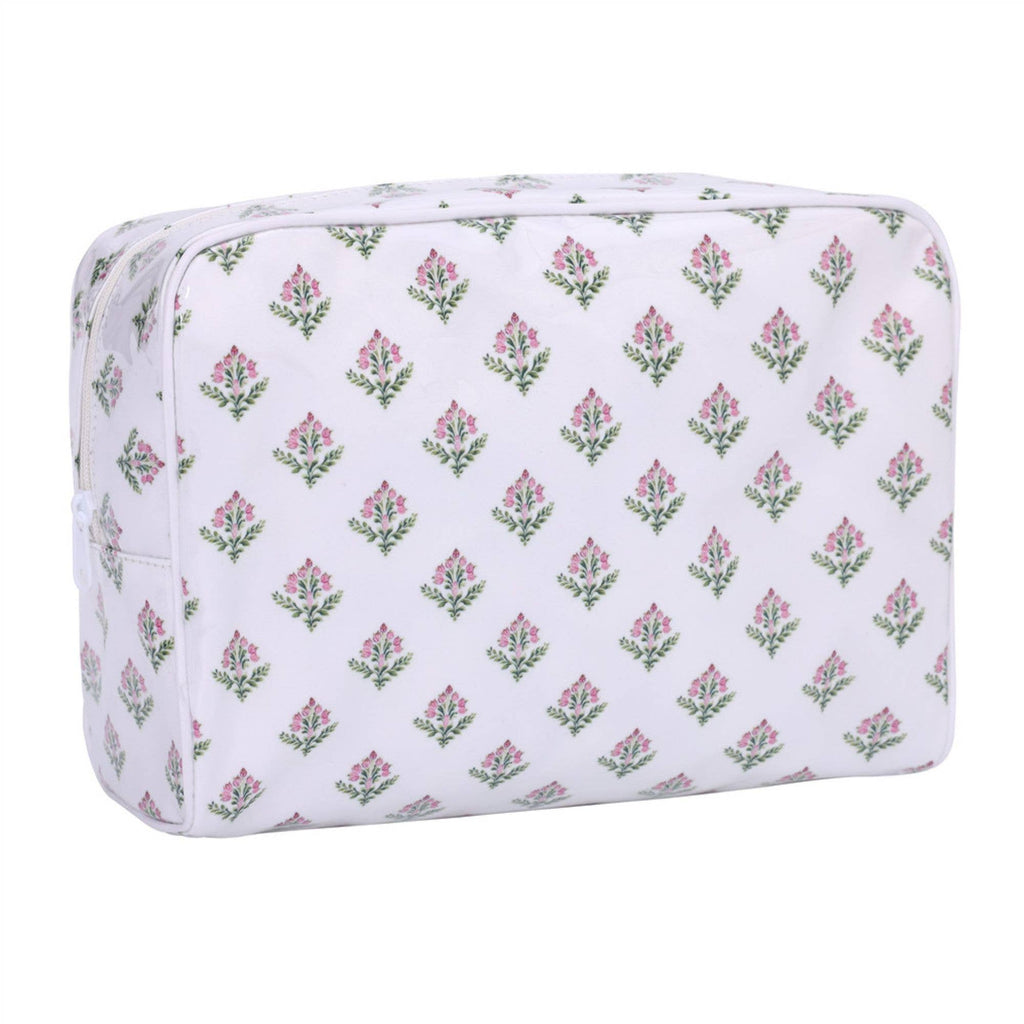 PVC Clear Coat Cosmetic Bag Make up Case Embroidery Blank: White Pink & Green Floral