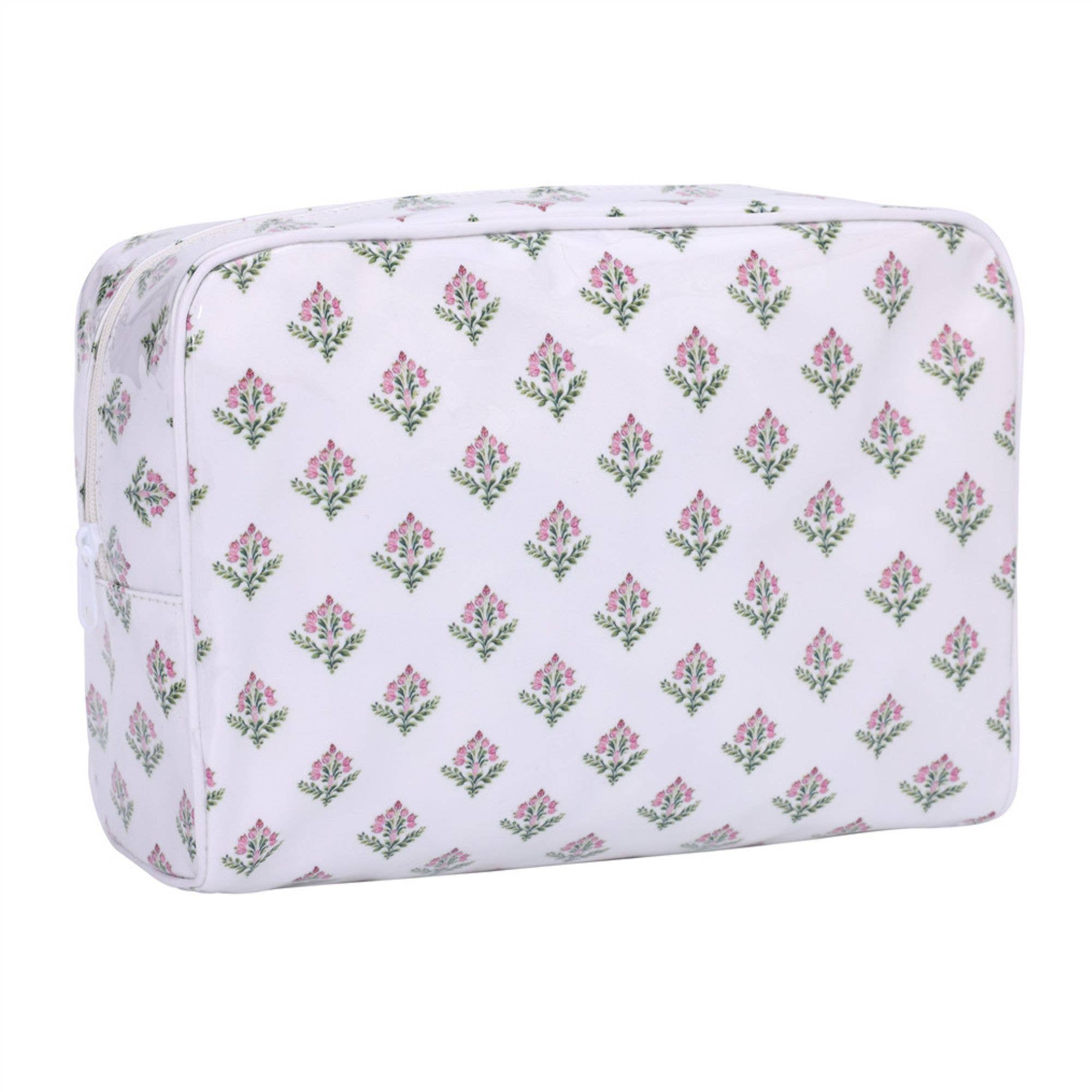 PVC Clear Coat Cosmetic Bag Make up Case Embroidery Blank: White Pink & Green Floral